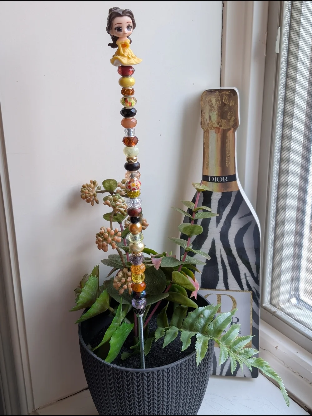 Hand Made Beaded Fairy Wand/Plant/Garden Stake W/Belle Topper